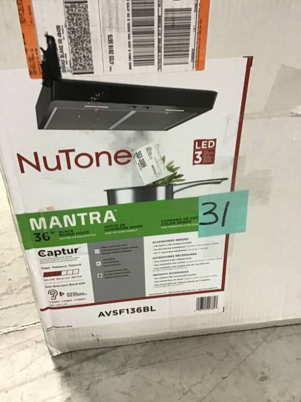 NuTone Mantra 36 in. Convertible Under Cabinet Range Hood with Light in Black  open box in like new condition