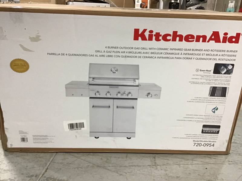 KitchenAid 4-Burner Propane Gas Grill in Stainless Steel with Ceramic  Searing Side Burner and Rotisserie Burner  open box in like new condition