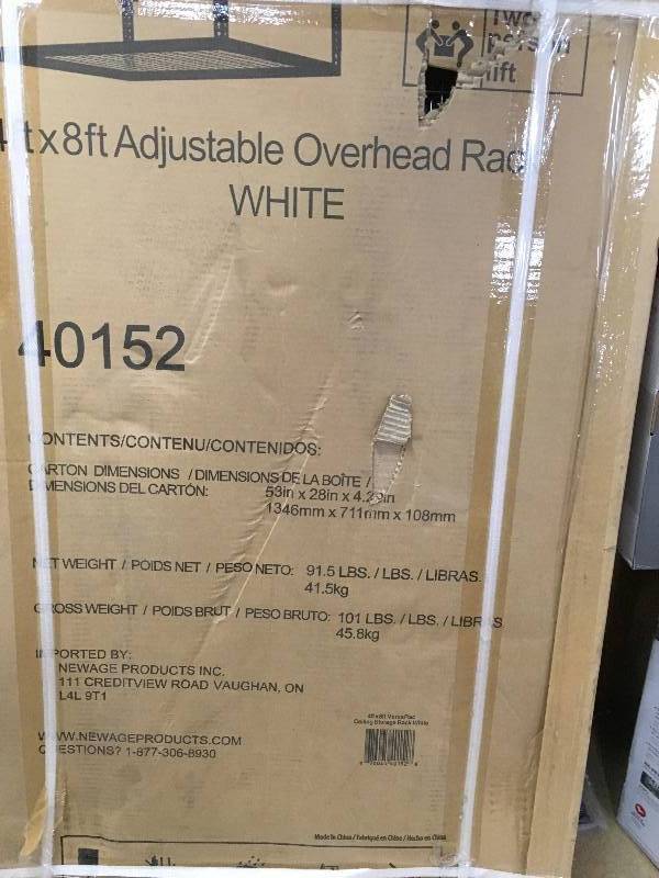 NewAge Products Performance 96 in. L x 48 in. W x 42 in. H Adjustable VersaRac Ceiling Storage Rack in white (lot of 2) not used
