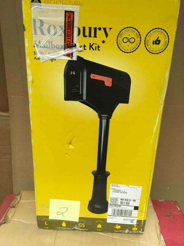 lot 2 image: Architectural Mailboxes Roxbury Black Steel Post Mount Mailbox and Premium Steel Post Combo  open box in like new condition