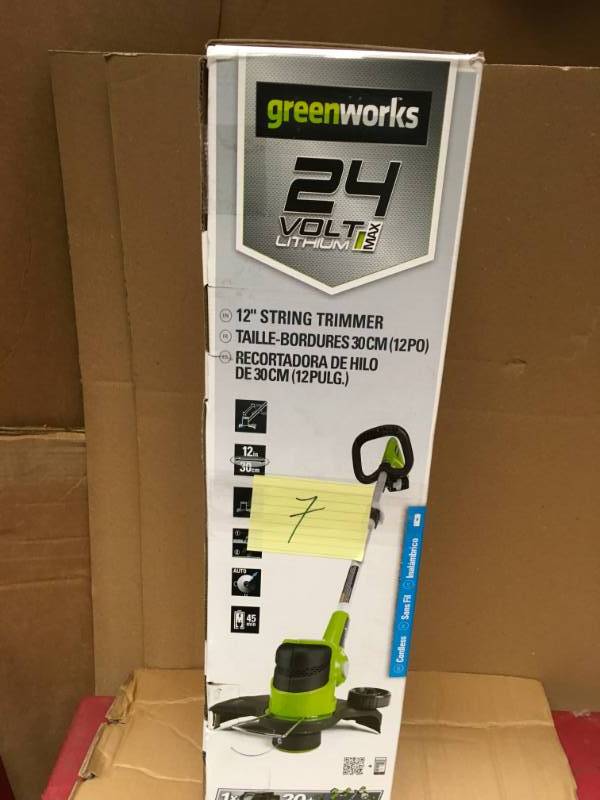 lot 7 image: Greenworks G-24 24-Volt Cordless String Trimmer - Battery and Charger Included  open box in like new condition