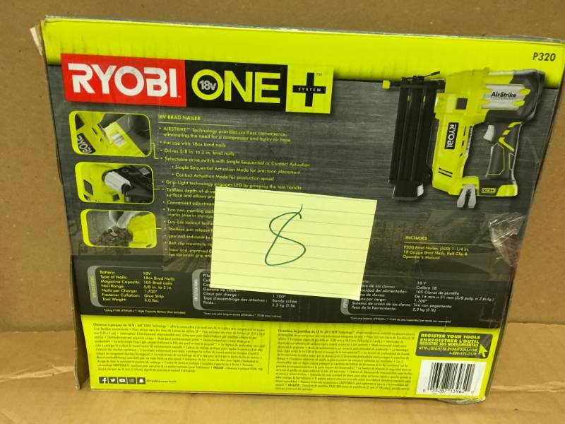lot 8 image: Ryobi 18-Volt ONE Lithium-Ion Cordless AirStrike 18-Gauge Brad Nailer (Tool-Only)  open box in like new condition