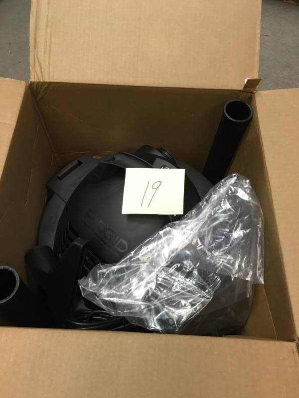 lot 19 image: RIDGID 9 Gal. 4.25-Peak HP Wet Dry Vac with Wet Filter and Dust Bags (2-Pack)  open box in like new condition