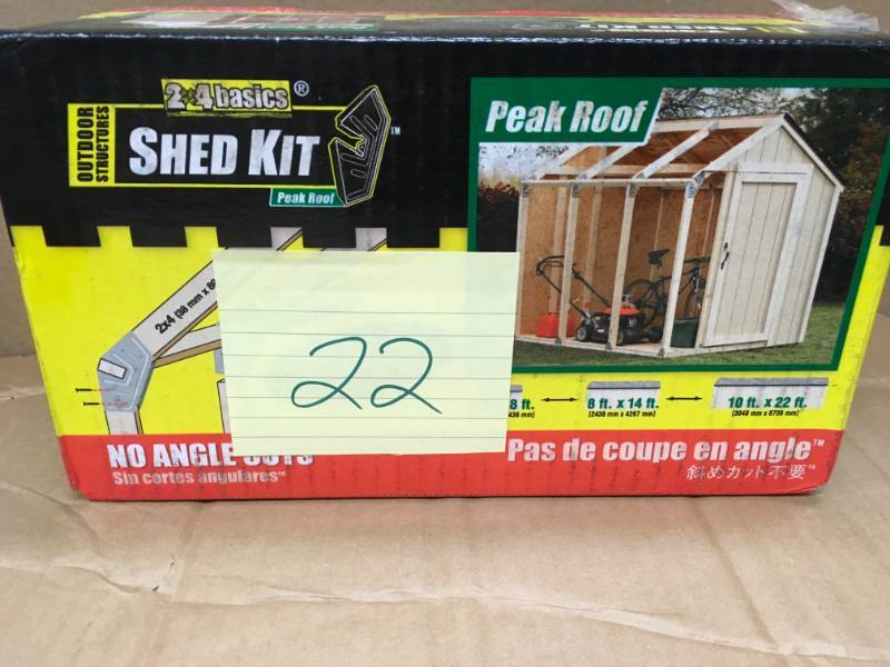 lot 22 image: 2 x 4 Basics Shed Kit with Peak Roof  open box in like new condition