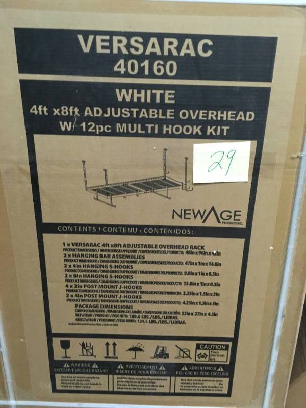 lot 29 image: NewAge Products VersaRac 42 in. H x 48 in. W x 96 in. D Adjustable Height Garage Ceiling Mounted Storage Unit in White w12-Piece Hooks not used