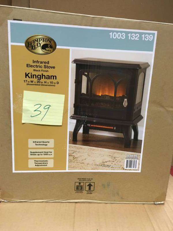 lot 39 image: Hampton Bay Kingham 1,000 sq. ft. Panoramic Infrared Electric Stove in Black with Electronic Thermostat  open box in like new condition