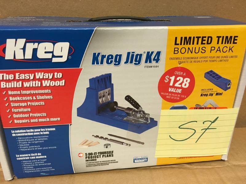 lot 57 image: Kreg Pocket-Hole System with 2 in. Face Clamp, 100 Screws, and Mini Jig  open box in like new condition
