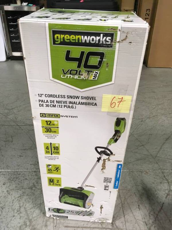 lot 67 image: Greenworks Digi-Pro GMAX 12 in. 40-Volt Cordless Electric Snow Blower Shovel - Battery and Charger Not Included  open box in like new condition