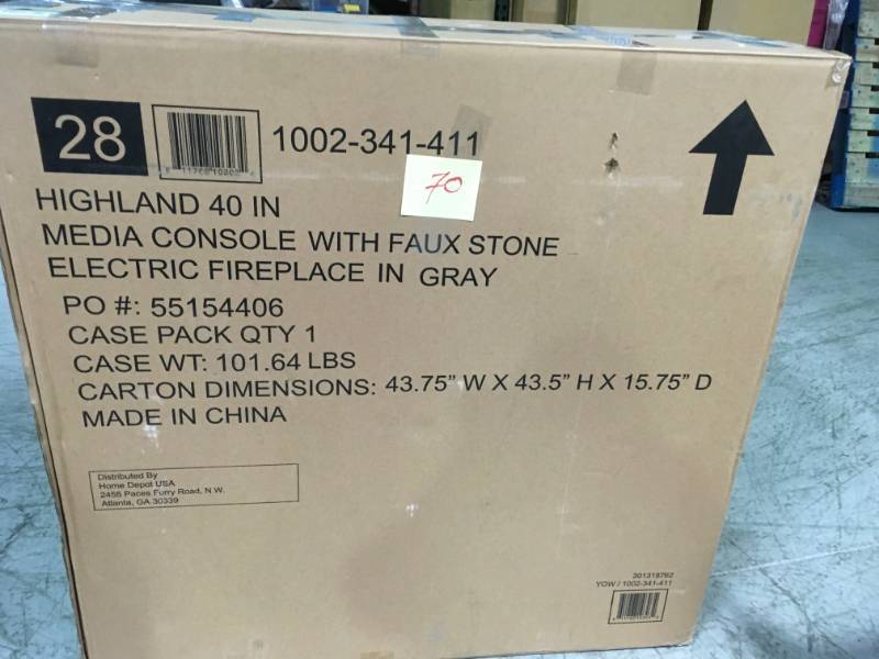 lot 70 image: Home Decorators Collection Highland 40 in. Media Console Electric Fireplace TV Stand in Faux Stone Gray  open box in like new condition