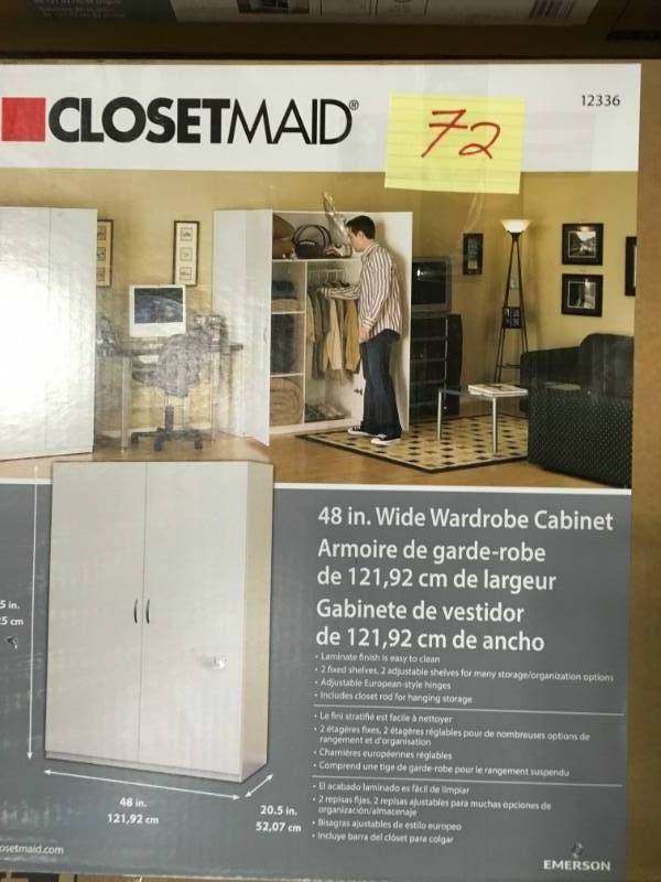 lot 72 image: ClosetMaid 71.75 in. H x 48 in. W x 20.5 in. D Multi-Purpose Wardrobe Freestanding Cabinet in White  open box in like new condition