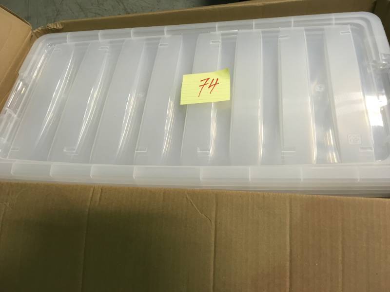lot 74 image: IRIS 83 Qt. Stack and Pull Storage Tote in Clear (5-Pack)  open box in like new condition