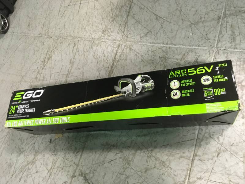 lot 75 image: EGO 56V Lithium-ion Cordless 24 in. Brushless Hedge Trimmer Kit (210W Charger, 2.5Ah Battery Included)  open box in like new condition