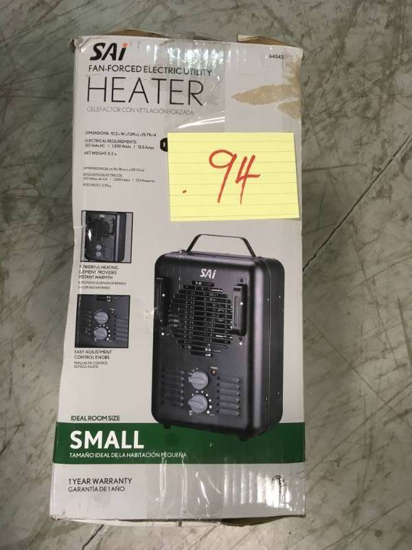 lot 94 image: 1,500-Walt Utility Milkhouse Fan-Forced Portable Heater with Thermostat  open box in like new condition