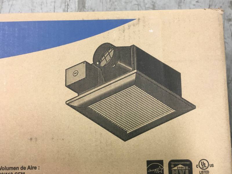 lot 99 image: Panasonic Quiet 80 or 110 CFM Ceiling Low Profile Dual Speed Bath Fan  open box in like new condition