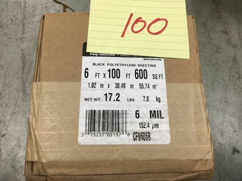 lot 100 image: HUSKY 6 ft. x 100 ft. Black 6 mil. Plastic Sheeting not used