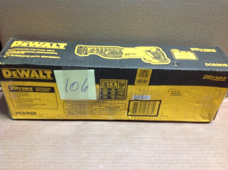 lot 106 image: DEWALT  20-Volt MAX Lithium-Ion Cordless Reciprocating Saw (Tool-Only)  not used in working conditions