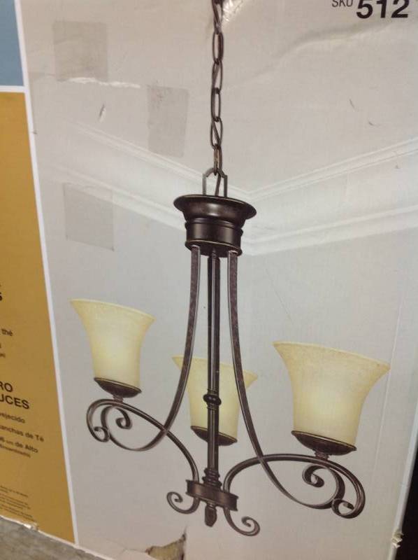 Hampton Bay Essex 3-Light Aged Black Chandelier with Tea Stained Glass Shades not used