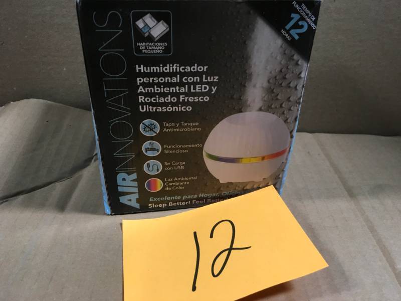 lot 12 image: Air Innovations Ultrasonic Cool Mist Personal Humidifier with LED Mood Light open box in like new condition