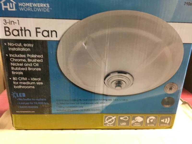 lot 13 image: Homewerks Worldwide Decorative 80 CFM Ceiling Bathroom Exhaust Fan with LED Light and White Globe open box in like new condition