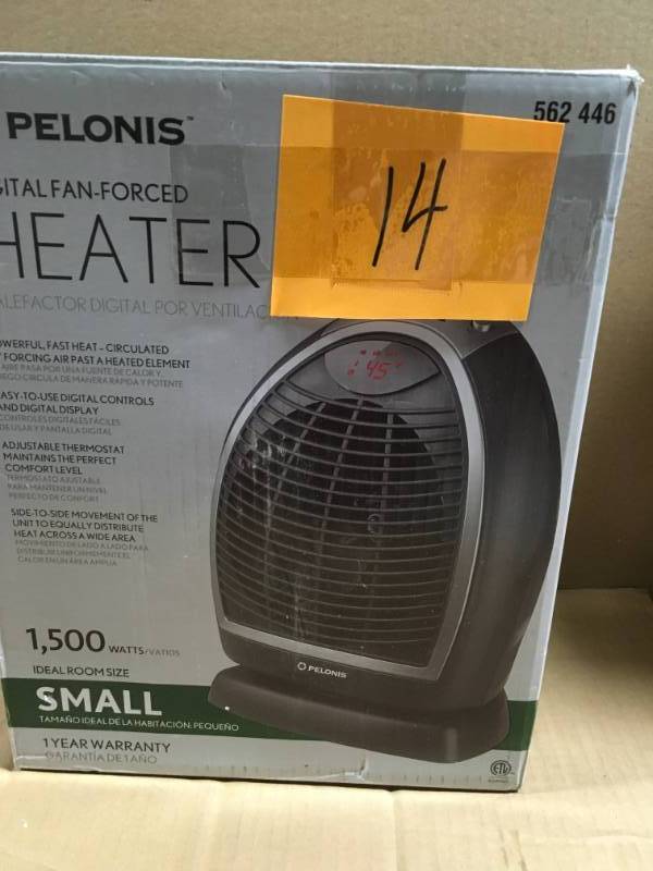 lot 14 image: Pelonis 1500-Watt Digital Fan Forced Electric Portable Heater open box in like new condition