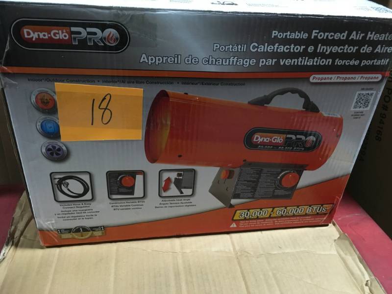 lot 18 image: Dyna-Glo Pro 60K BTU Forced Air Propane Portable Heater USED in good condition