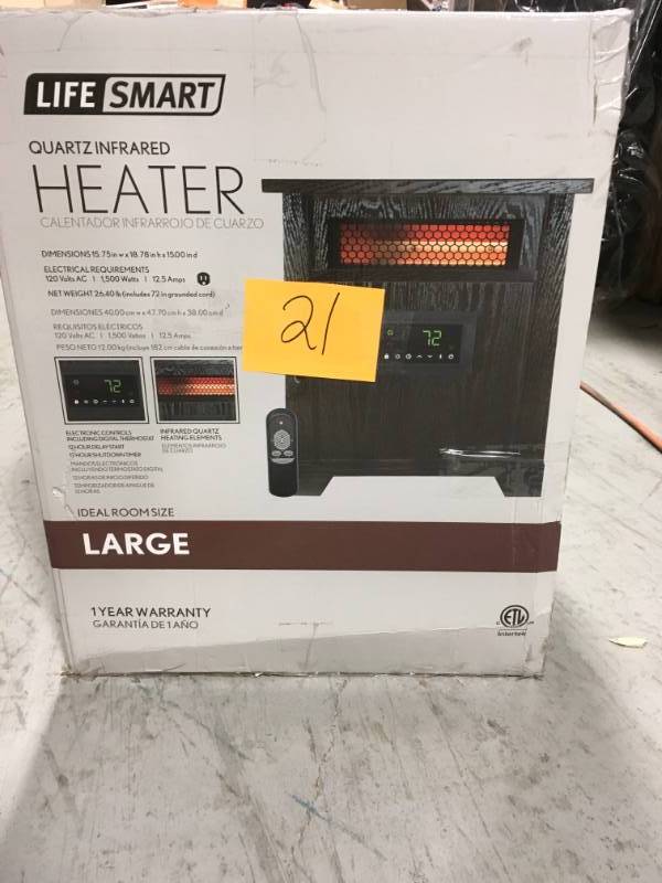 lot 21 image: Lifesmart 1500-Watt 6 Element Wood Infrared Portable Heater DAMAGED CORNER ON TOP