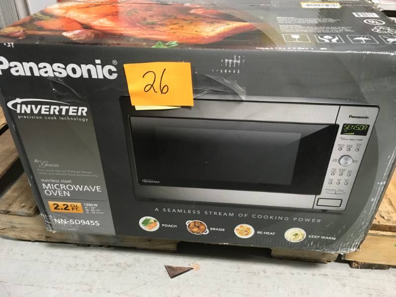 lot 26 image: Panasonic 2.2 cu. ft. Countertop Microwave in Stainless Steel Built in Capable with Sensor Cooking and Inverter Technology open box in like new condition
