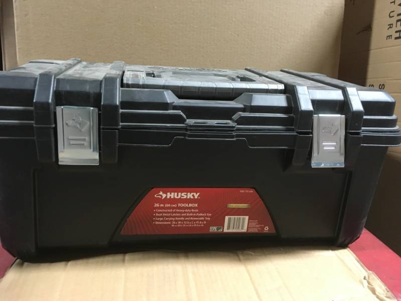 lot 28 image: Husky 26 in. Plastic Tool Box with Metal Latches in Black in good condition