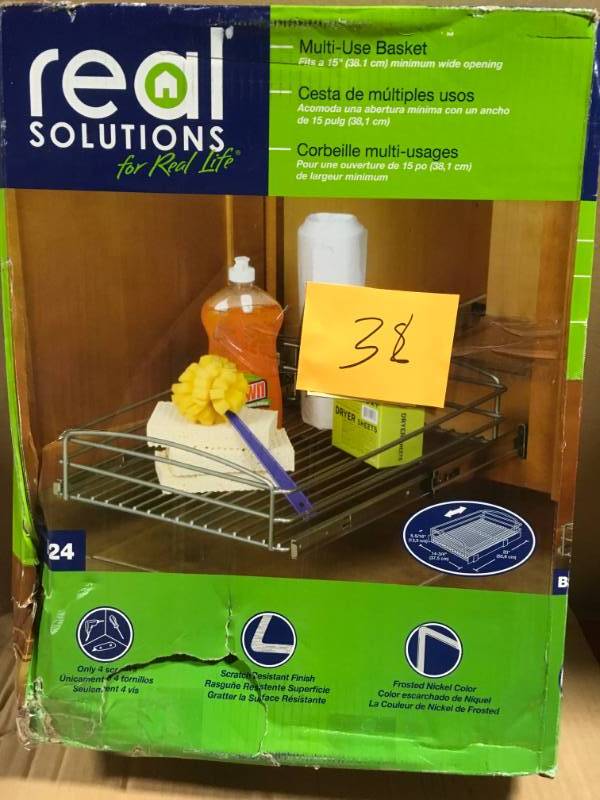 lot 38 image: Real Solutions for Real Life 5 in. H x 15 in. W x 20 in. D Multi-Use Pull-Out Basket Cabinet Organizer in Silver not used