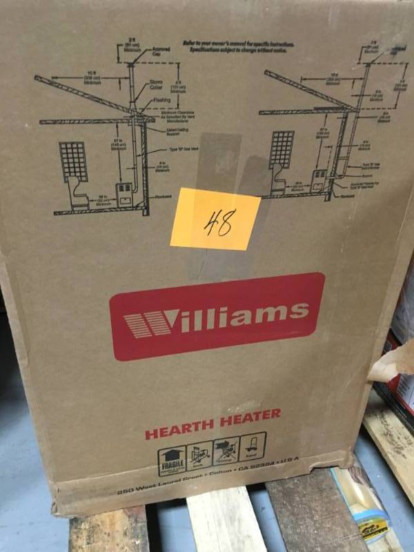 lot 48 image: Williams 35000 BTUhr Enclosed Front Console Natural Gas Room Heater open box in like new condition