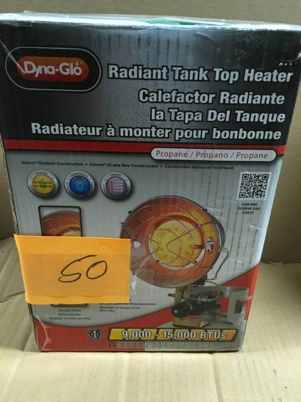 lot 50 image: Dyna-Glo Single Burner 15,000 BTU Radiant Tank Top Propane Portable Heater open box in like new condition