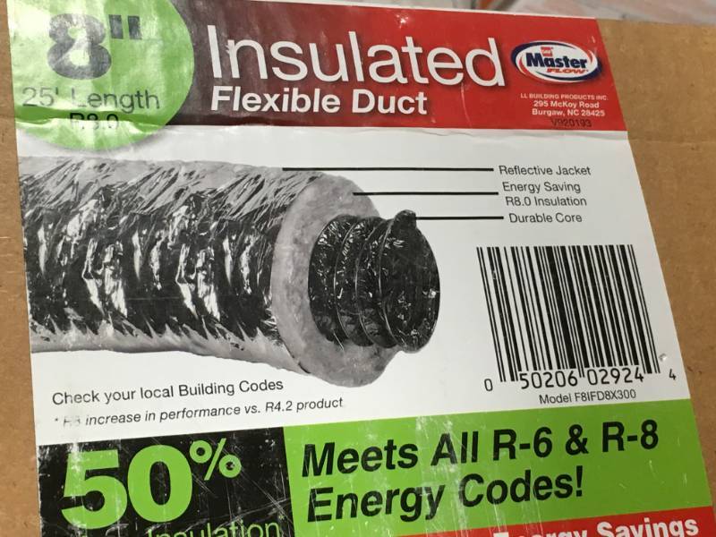 lot 51 image: Master Flow 8 in. x 25 ft. Insulated Flexible Duct R8 Silver Jacket in like new condition