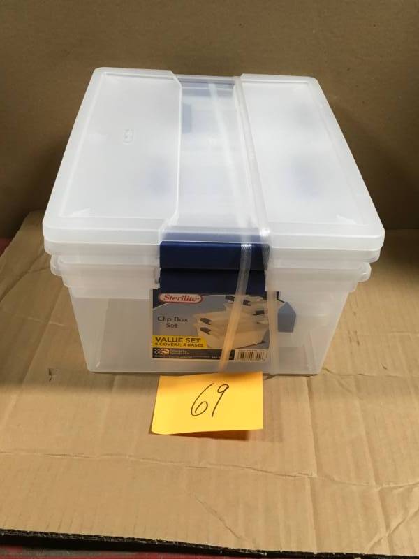 lot 69 image: Sterilite 2 Gal. Clip Box (5-Piece).not used