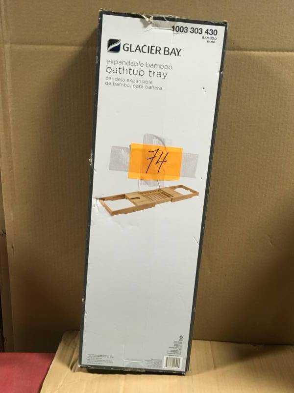 lot 74 image: GLACIER BAY Expandable Bamboo Bathtub Tray open box in like new condition