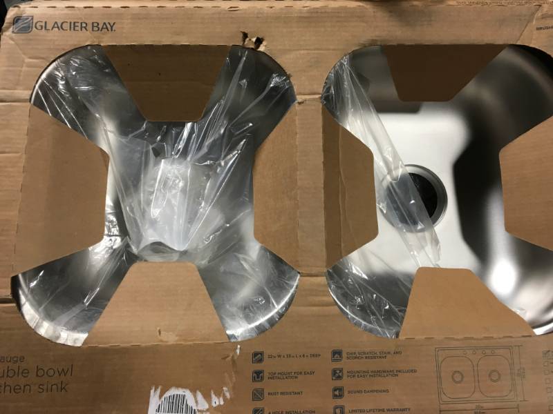 lot 75 image: Glacier Bay Drop-In Stainless Steel 33 in. 4-Hole Double Bowl Kitchen Sink open box in like new condition