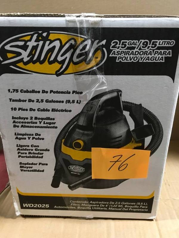 lot 76 image: Stinger 2.5 Gal. 1.75-Peak HP Compact Wet Dry Vac USED in good condition