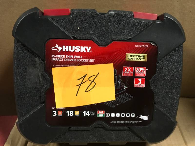 lot 78 image: Husky 38 in. Drive SAEMM Thin Wall Impact Deep Socket and Accessory Set (35-Piece) MISSING 17 PCS