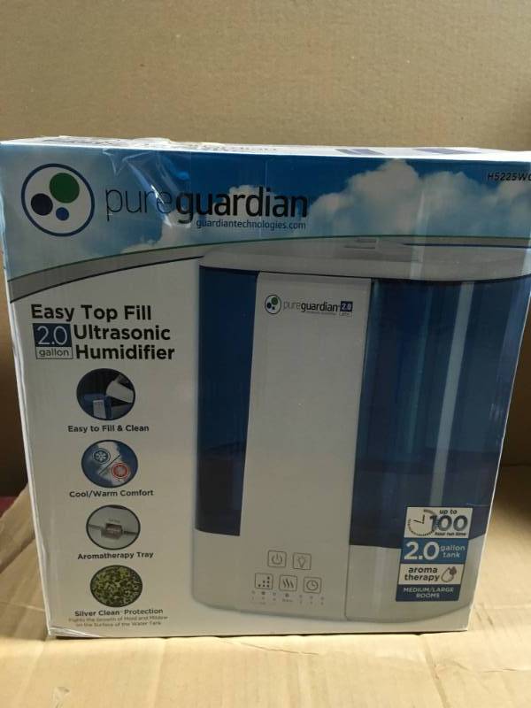 lot 87 image: PureGuardian 2 Gal. Top Fill Ultrasonic Warm and Cool Mist Humidifier with Aroma Tray open box in like new condition