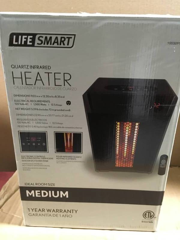lot 89 image: Lifesmart Medium Room 1,500-Watt 4-Element Infrared Heater with Remote without Casters open box in like new condition