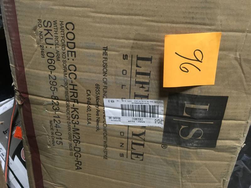lot 96 image: Lifestyle Solutions Harvard Microfiber Sofa with Rolled Arms in Dark Grey open box in like new condition