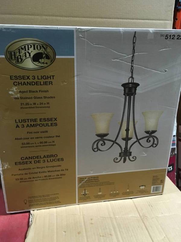lot 101 image: Hampton Bay Essex 3-Light Aged Black Chandelier with Tea Stained Glass Shades