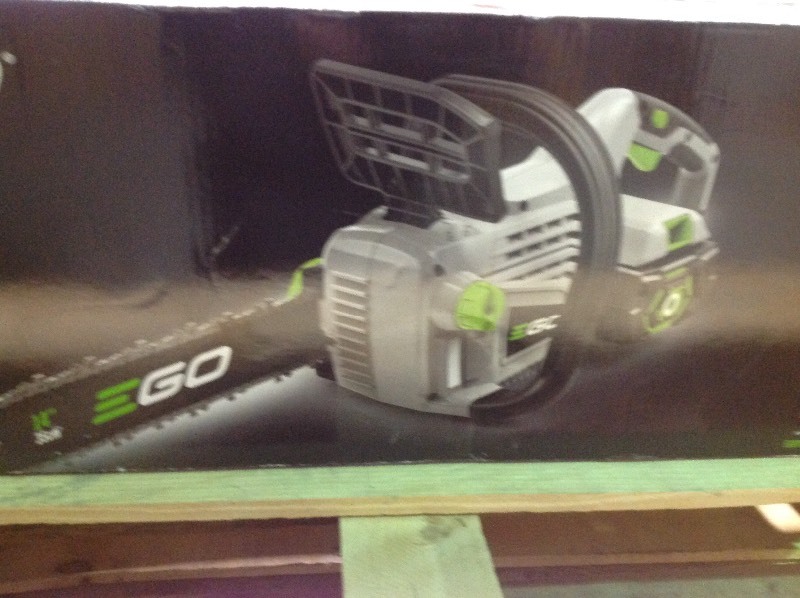 lot 106 image: EGO  14 in. 56-Volt Lithium-ion Cordless Chainsaw with 2.0Ah Battery and Charger Included  in good conditions