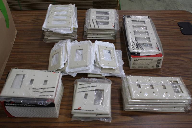 lot 46 image: Light Almond Wall Plates Toggle, Duplex & Decorator Styles New total 90 pcs