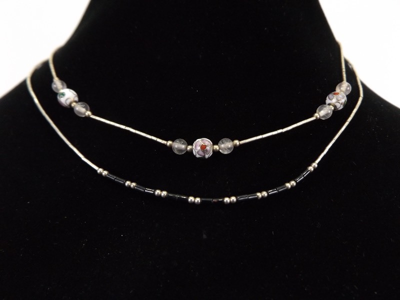 2 - .925 Sterling Silver Cloisonne and Onyx Bead Barrel Clasp Necklaces&nbsp