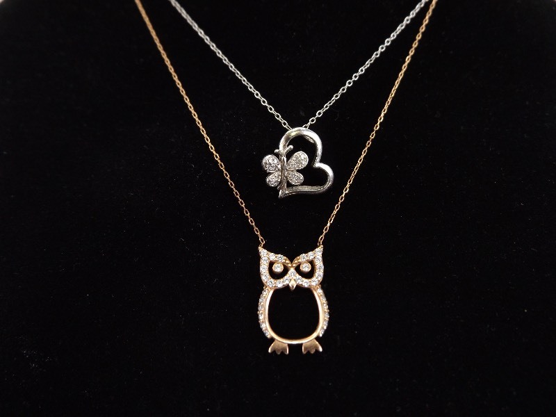 2 - .925 Sterling Silver Owl and Butterfly Heart Pendant Necklaces