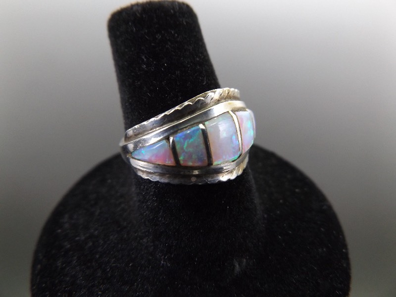 .925 Sterling Silver Inlaid Opal Ring Size 6.5