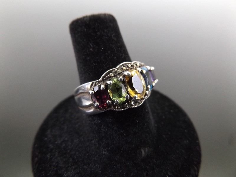.925 Sterling Silver Multi Colored Faceted Stone Ring Size 7