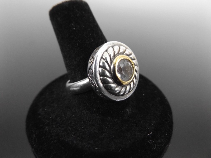.925 Sterling Silver Gold Accented Faceted Crystal Ring Size 8
