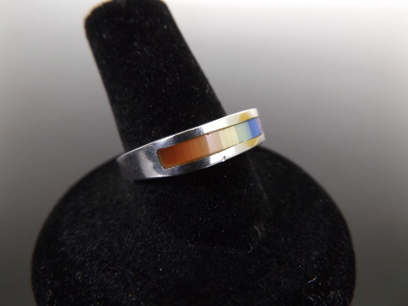 .925 Sterling Silver Multi Stone Inlaid LBGT Rainbow Ring Size 7.5