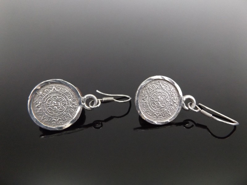 .925 Sterling Silver Aztec Calendar Earrings